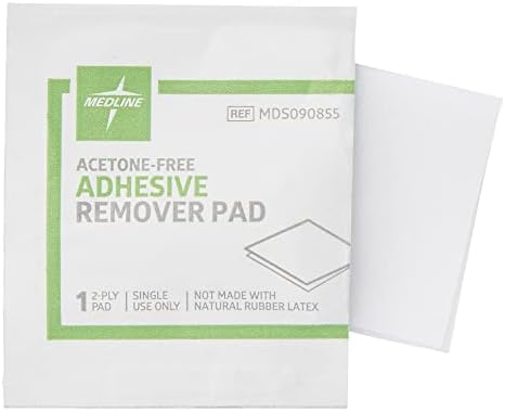 Close up of Medline adhesive remover pad packaging showing acetone-free labeling.