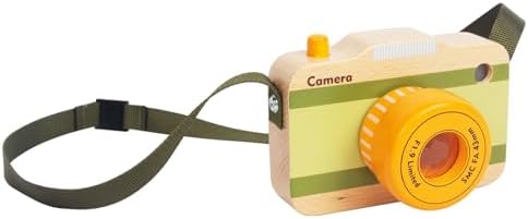 Child holding the compact wooden miniature camera showing its size compatibility for small hands.