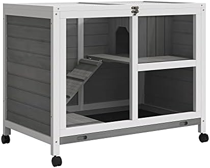 PawHut Rabbit Hutch with Wheels, Desk and Side Table Sized, Wooden Rabbit Cage, Waterproof Small Bunny Cage with Removable Tray, Openable Roof, for Indoor & Outdoor, Gray - Image 2