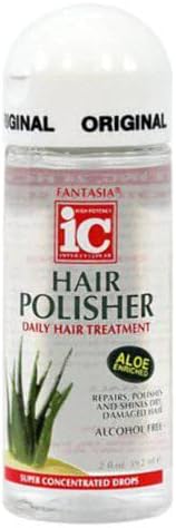 Back view of Fantasia IC Hair Polisher daily hair treatment packaging detailing instructions and alcohol free ingredients.