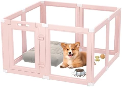 DIY Clear Acrylic Dog Playpen Indoor, Transparent Easy Cleansing Puppy Fence with Suction Cup, Easy-Assemble Indoor Whelping Crate for Small Puppies (23.6" H, 8PCS), Pink - Image 2