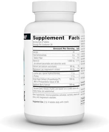 Supplement facts label on Source Naturals Proline and Lysine bottle