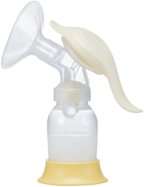 Medela manual breast pump kit displaying PersonalFit Flex shield and 150 milliliter container.
