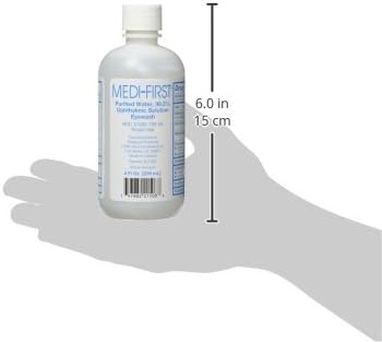 Medique eye wash packaging showing the 98.3 percent purified water formulation.