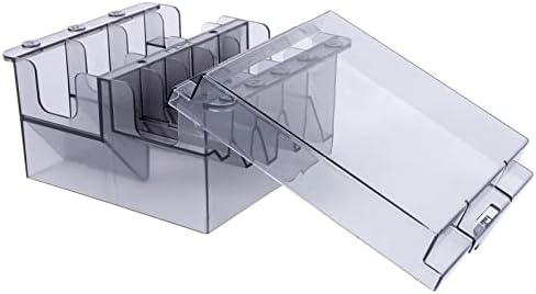 Closed clear plastic barber tool storage box protecting grooming accessories from dust