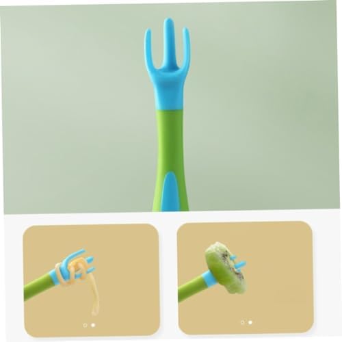 Blue and green bendable toddler cutlery showing the 360 degree flexible design