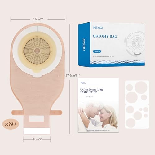 Heagimed drainable stoma pouches package layout displaying the complete sixty count medical supply kit contents
