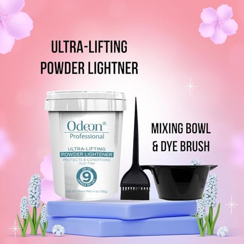 Odeon hair bleach kit including the 4 Ounce powder lightener tub along with the bundled black plastic mixing bowl and dye brush.