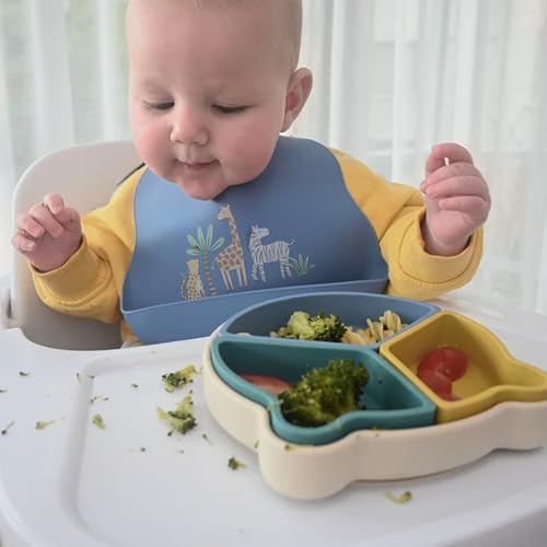 Packaging view of the authentic USA imported Little Rawr two piece silicone bib set