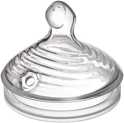 Close up view of the extra soft silicone baby bottle teat showcasing three flow holes