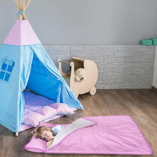 Compact roll up toddler bedding set with handles showcasing portable design features