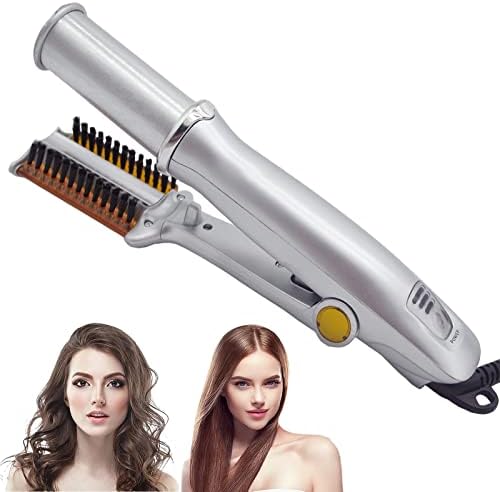 UMATRU dual voltage rotating iron hair straightener and curler displayed with its lightweight frame and professional styling bristles.