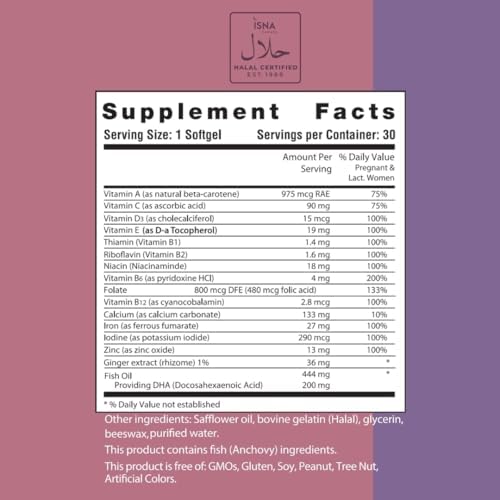 Educational label details on Noor Vitamins prenatal softgels