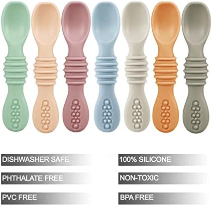 Close up view of the soft flexible food grade silicone tip on the first stage toddler self feeding spoon