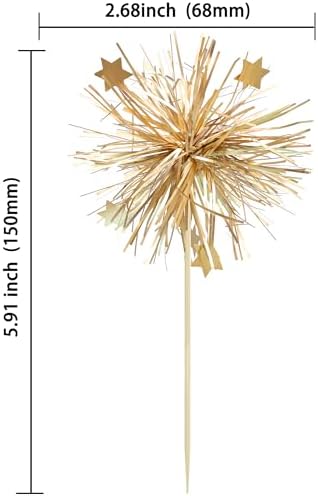 Close up view of Gyufise gold tinsel firework cake decorations
