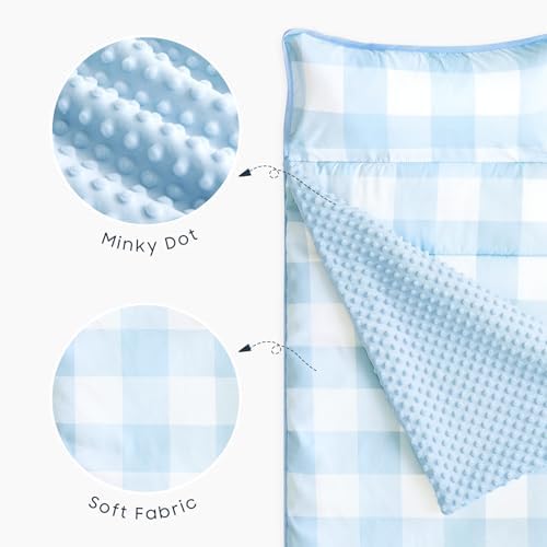 Wake In Cloud premium microfiber children sleeping bag laid flat on a kindergarten cot surface