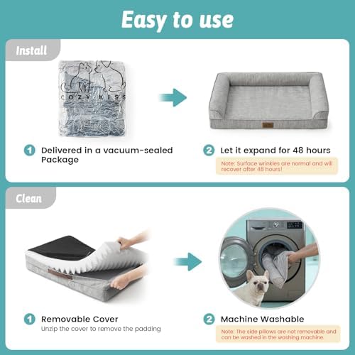 COZY KISS Cooling Dog Bed for Extra Large Dogs, 48"x32" Orthopedic Foam Sofa with Bolster Sides, Q-Max >0.4 Cooling Technology, Cool Pet Bed with Removable Washable Cover, Grey - Image 7