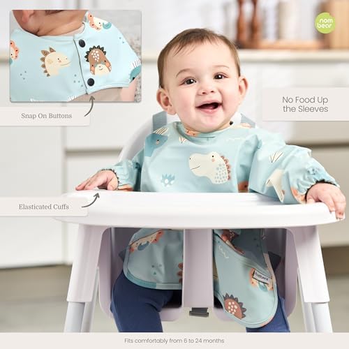 Nombear long sleeve baby bib flat layout showing stain resistant material design