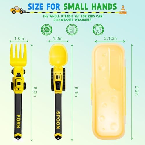 Yellow construction toddler utensils inside travel storage case