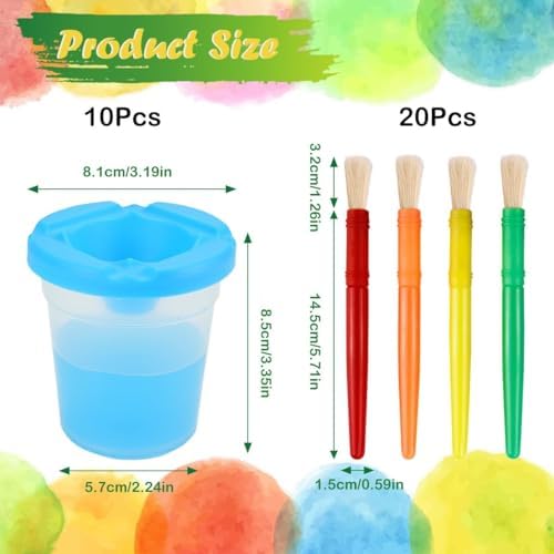 Ten colored plastic lids and twenty small matching art paintbrushes spread out for preschool classroom organization