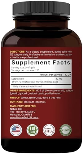 NatureBell Maximum Strength Astaxanthin 12mg full bottle display showcasing 4 month supply