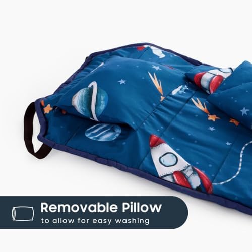 Built in name tag pocket detail on the blue space themed Wake In Cloud toddler nap mat