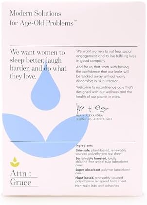 Attn: Grace light absorbency incontinence liners packaging detail showing ultra-thin dimensions and thickness.
