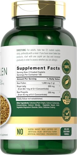 Carlyle Bee Pollen Royal Jelly Propolis supplement facts and ingredient label.