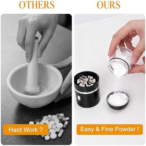 Compact travel ready electronic pill crusher with USB charging cable attached