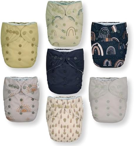 Nora's Nursery Cloth Diapers 7 Pack with 7 Inserts & 1 Wet Bag - Waterproof Cover, Washable, Reusable & One Size Adjustable Pocket Diapers for Newborns and Toddlers - Sunshine & Rainbows - Image 3