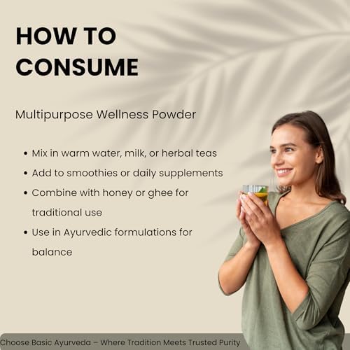 Basic Ayurveda Shatavari 100 grams powder packaging showcasing usage directions