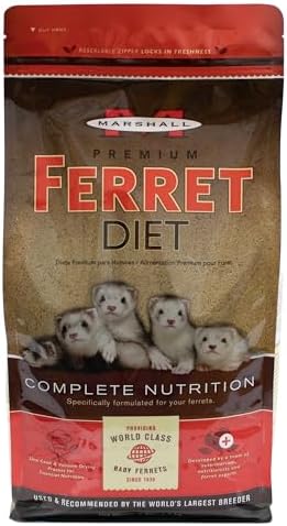 Resealable zipper packaging of Marshall veterinarian recommended high protein ferret food.