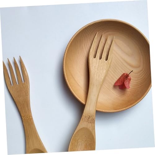 FRCOLOR reusable bamboo spork set displayed next to non stick cookware showing the scratch free material properties.