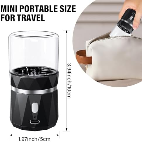 Feiorn multi pill tablet crusher package showing the compact size next to travel luggage.