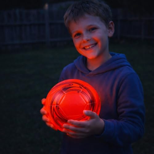 Packaging of the Radiant Sports glowing night training soccer ball showing features and size details