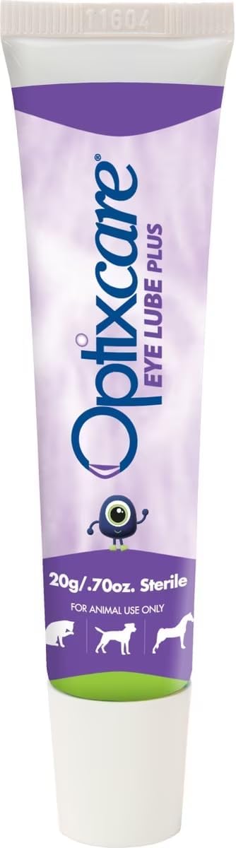 Optixcare veterinary eye wetting agent tube displaying product details for dog cat and horse eye care.
