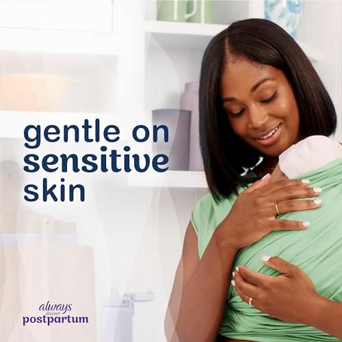 Always Discreet premium fragrance free postpartum pads box back view with features list