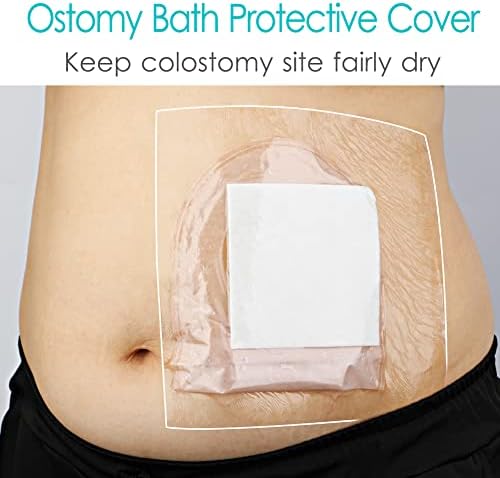 Transparent stoma bath protector shield with non-stick center pad for colostomy care.