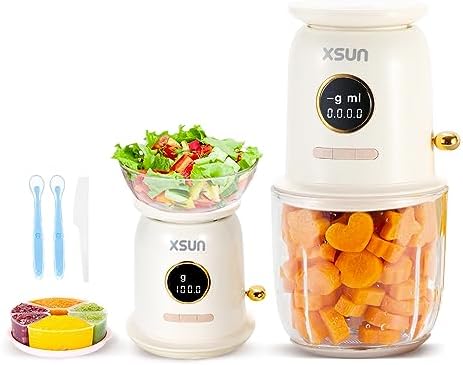 XSUN cordless baby food blender close up on the built in LED weighing scale screen