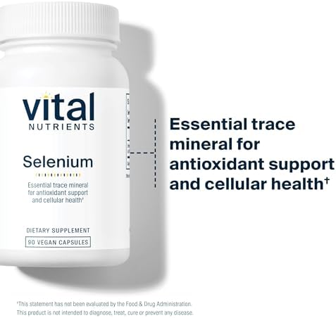 Side view of Vital Nutrients Selenium supplement bottle highlighting the vegetable capsules and purity standards.