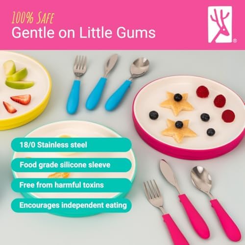 Childrens flatware set with colorful silicone handles
