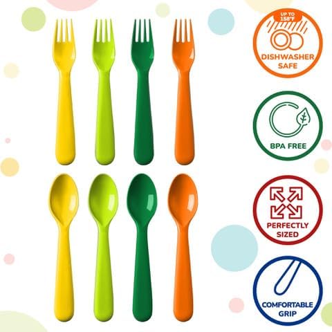 Brightly colored plastic forks and spoons for kids