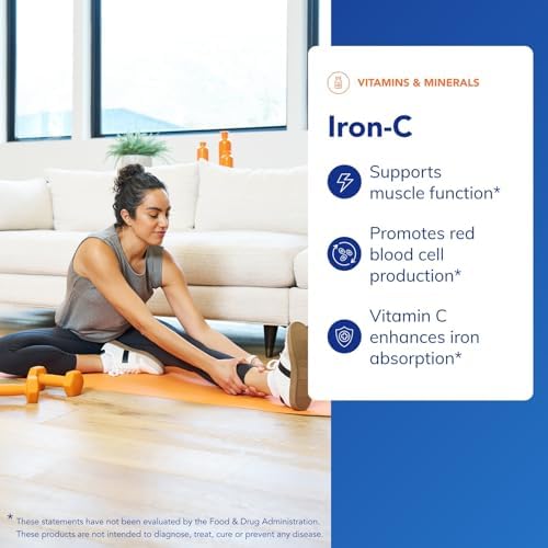 Premium quality Pure Encapsulations Iron-C capsule packaging displaying allergen free certifications.