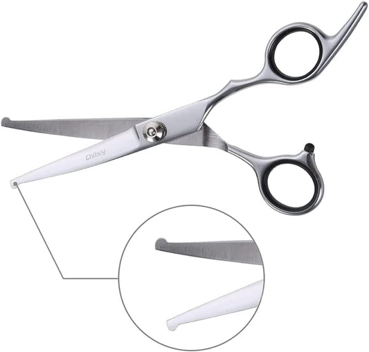 Chi-Buy curved pet shears for cats and dogs close up of 4CR stainless steel blades.