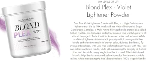 Italian made 500g container of Blond Plex ten levels dust free violet bleach powder displaying ingredients