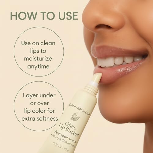 Close up of 0.35 ounce tube of ghee based lip butter for dry lips