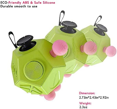Close up view of the green dodecagon sensory toy highlighting the joystick and clicking buttons