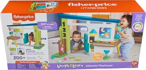 Fisher-Price electronic home playset packaging showing all nine pretend play accessories