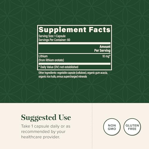 Full packaging of Global Healing Lithium Orotate 10mg 60 capsules for natural cognitive wellness.