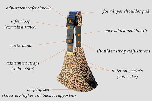 Adjustable child sling carrier demonstrating full strap extension range.